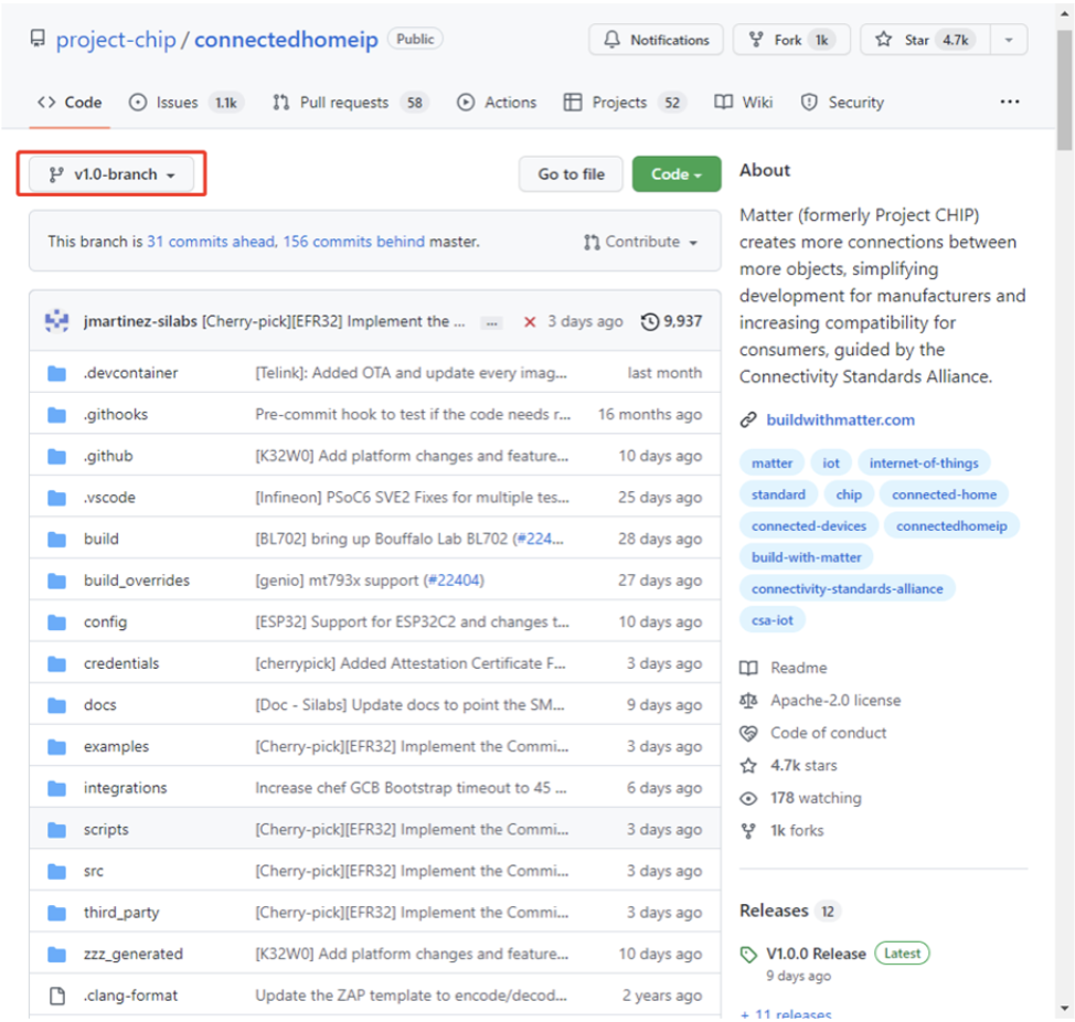 illustration of how to view Matter 1.0 code on the Telink GitHub repository